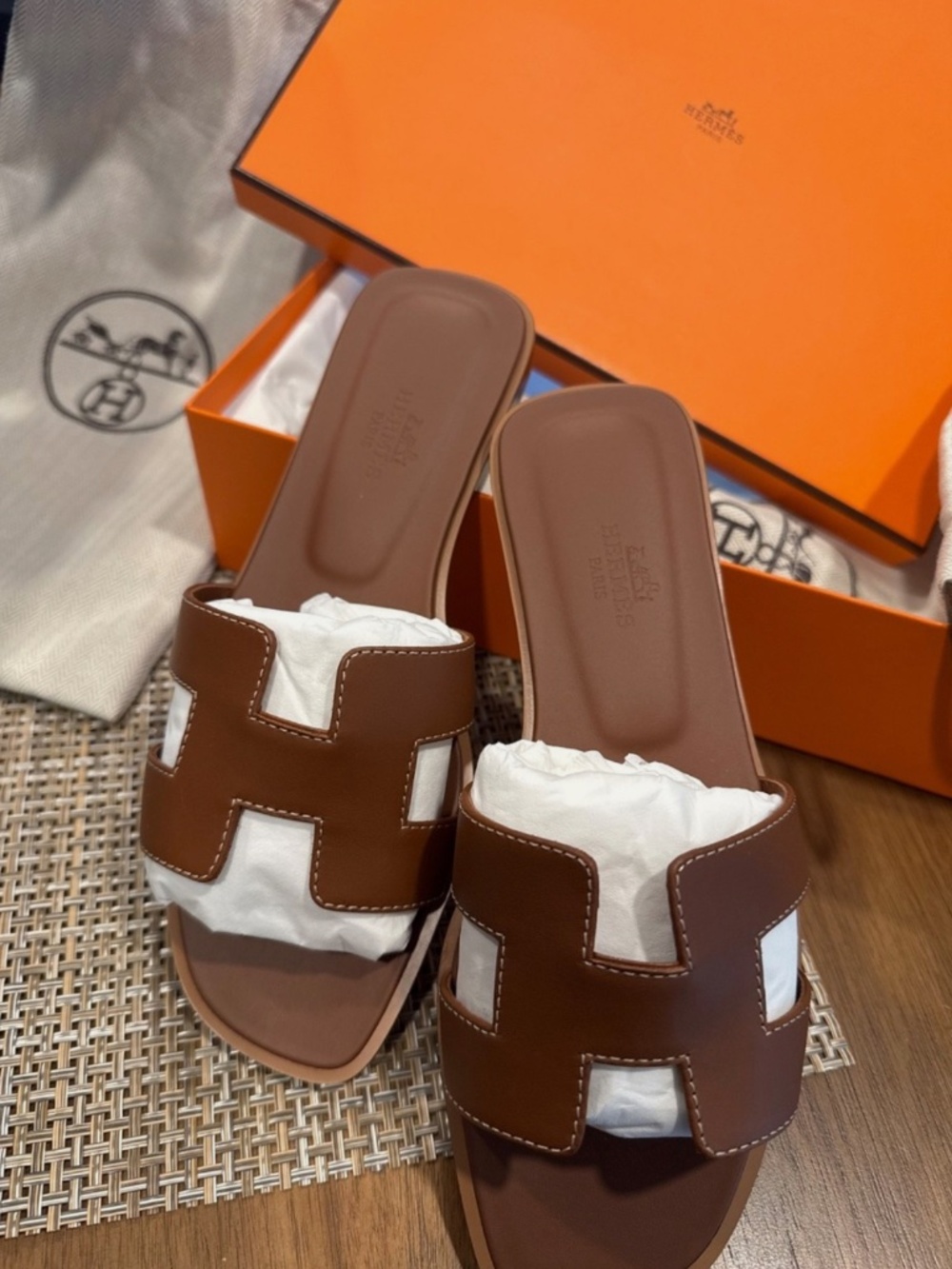 Hermes Oran Leather Sandals (Brown) - Picture 1 of 4